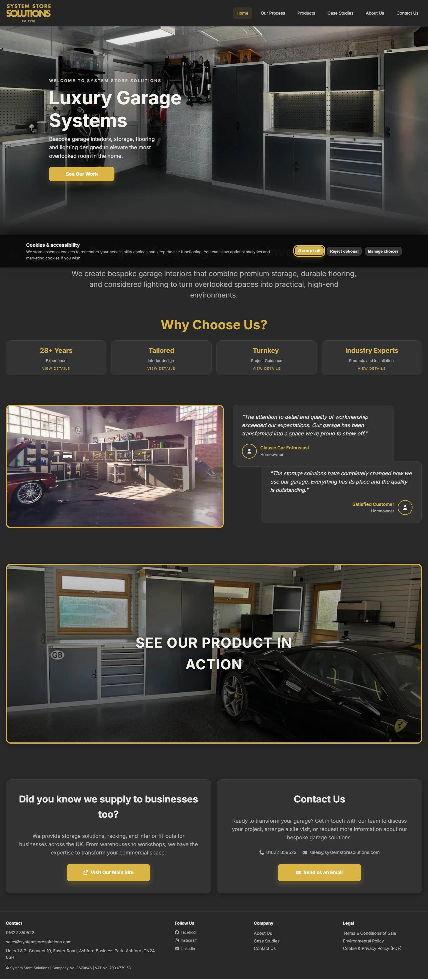Full homepage scroll of SSS Luxury Garages