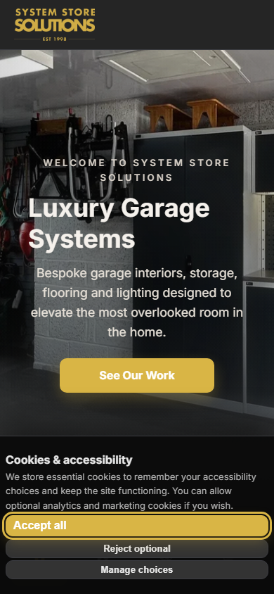 SSS Luxury Garages homepage on a phone